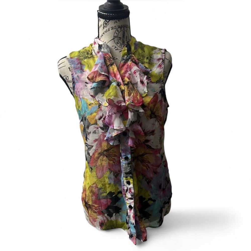 NY & Co Sheer Floral Ruffle Front Sleeveless Blouse – Vibrant Watercolor Print